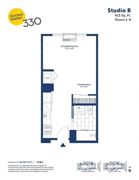 Floor plan for studio, 1 bath, 413 sqft